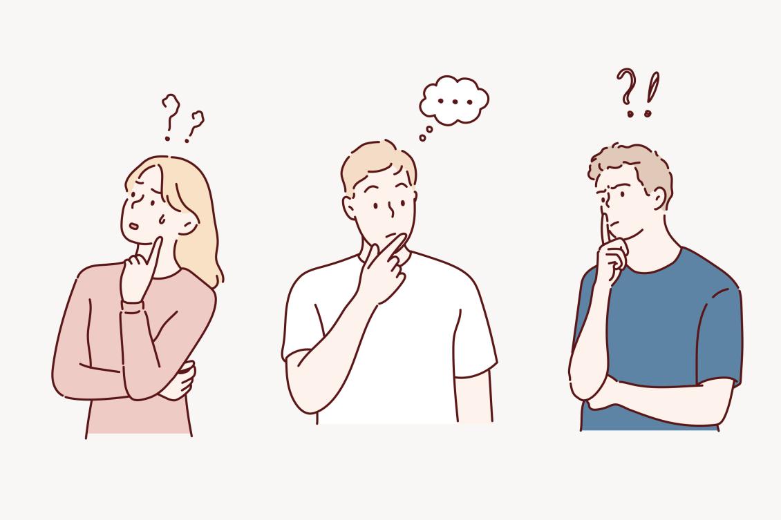 Illustration of three people thinking. One has "??" above their head, another "..." and another "?!"