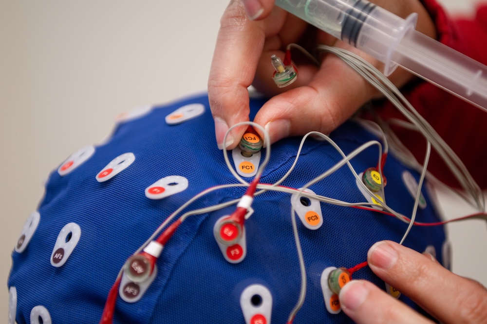 closeup of cap and sensors used to collect EEG readings