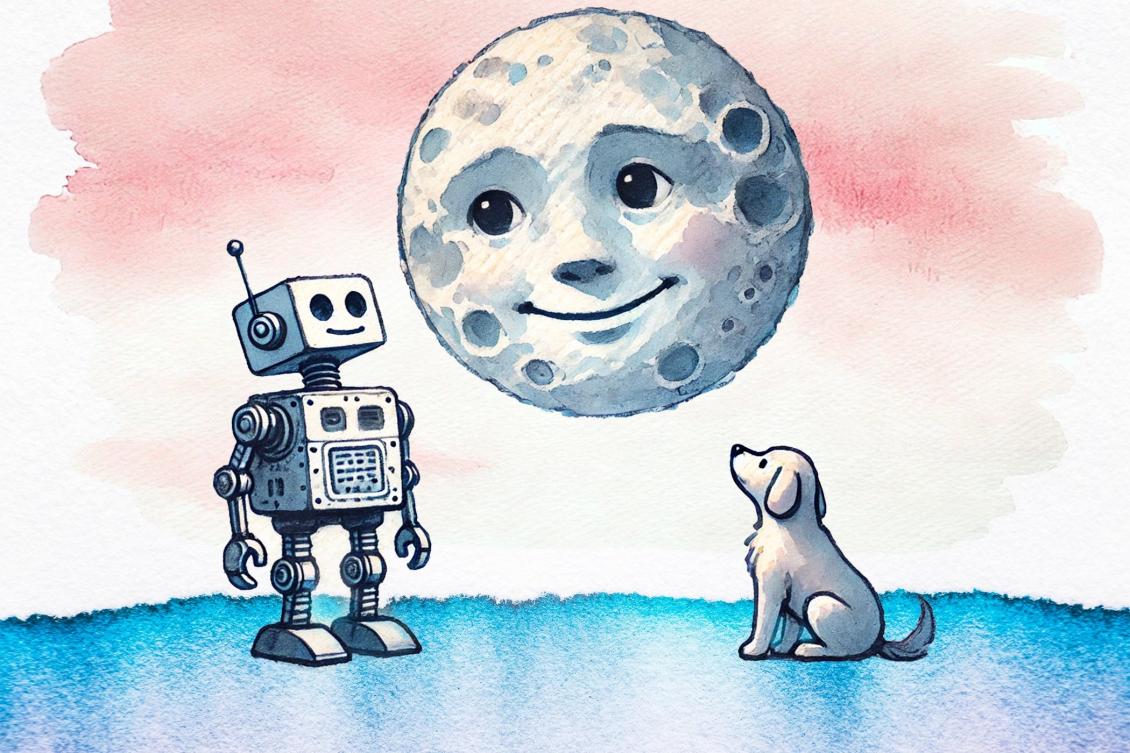 Illustration of a moon, a robot and a dog looking at each other