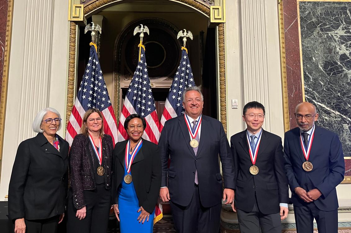 Arati Prabhakar (left), head of the White House Office of Science and Technology Policy, presented National Medals to (left to right) Professor Angela Belcher, Institute Professor Paula Hammond, Noubar Afeyan PhD '87 on behalf of Moderna, Professor Feng Zhang, and Professor Emory Brown. Not pictured: Richard Lawrence Edwards ’76.