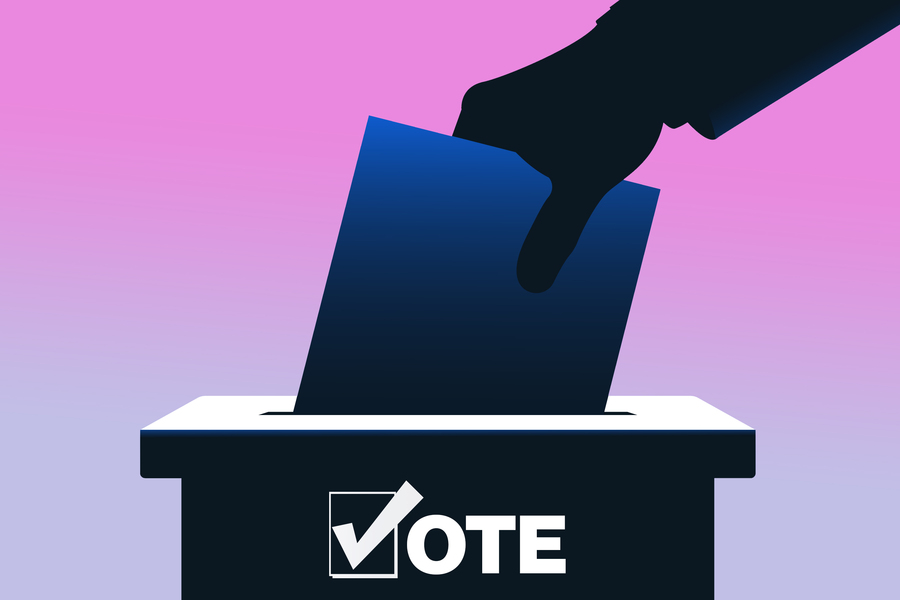 Illustration. A card being placed in a ballot box.