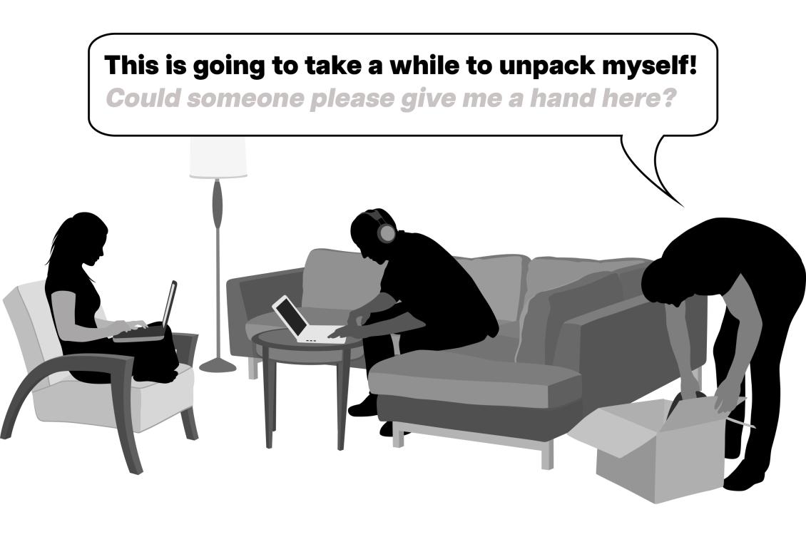 Illustration. Two people work on laptops while one person unpacked a moving box.