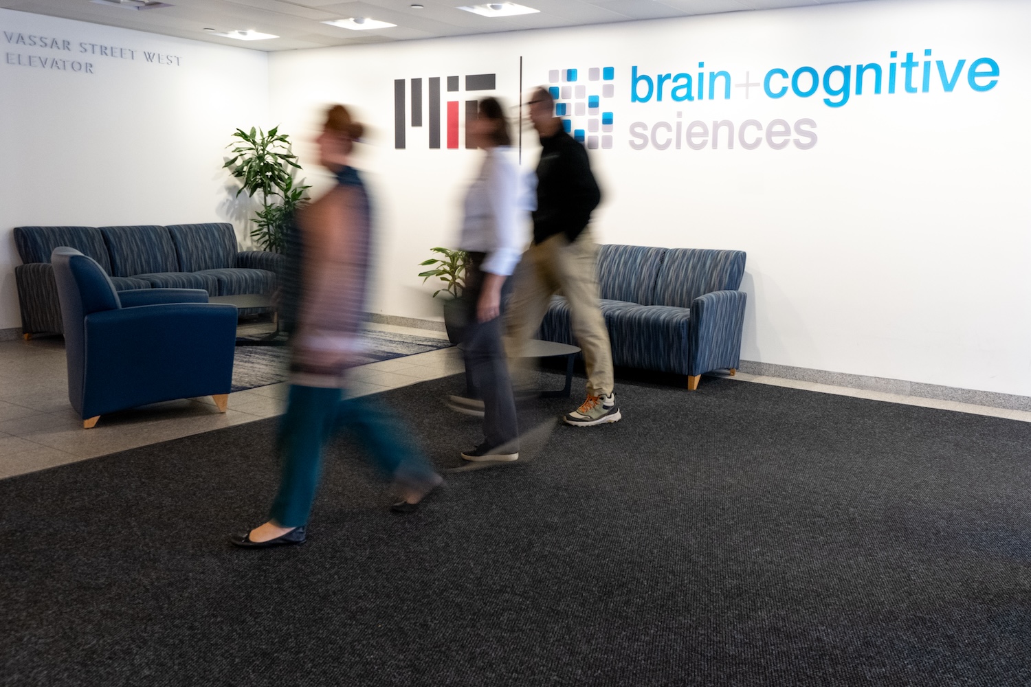 People walking in front of a sign that reads Brain and Cognitive Sciences