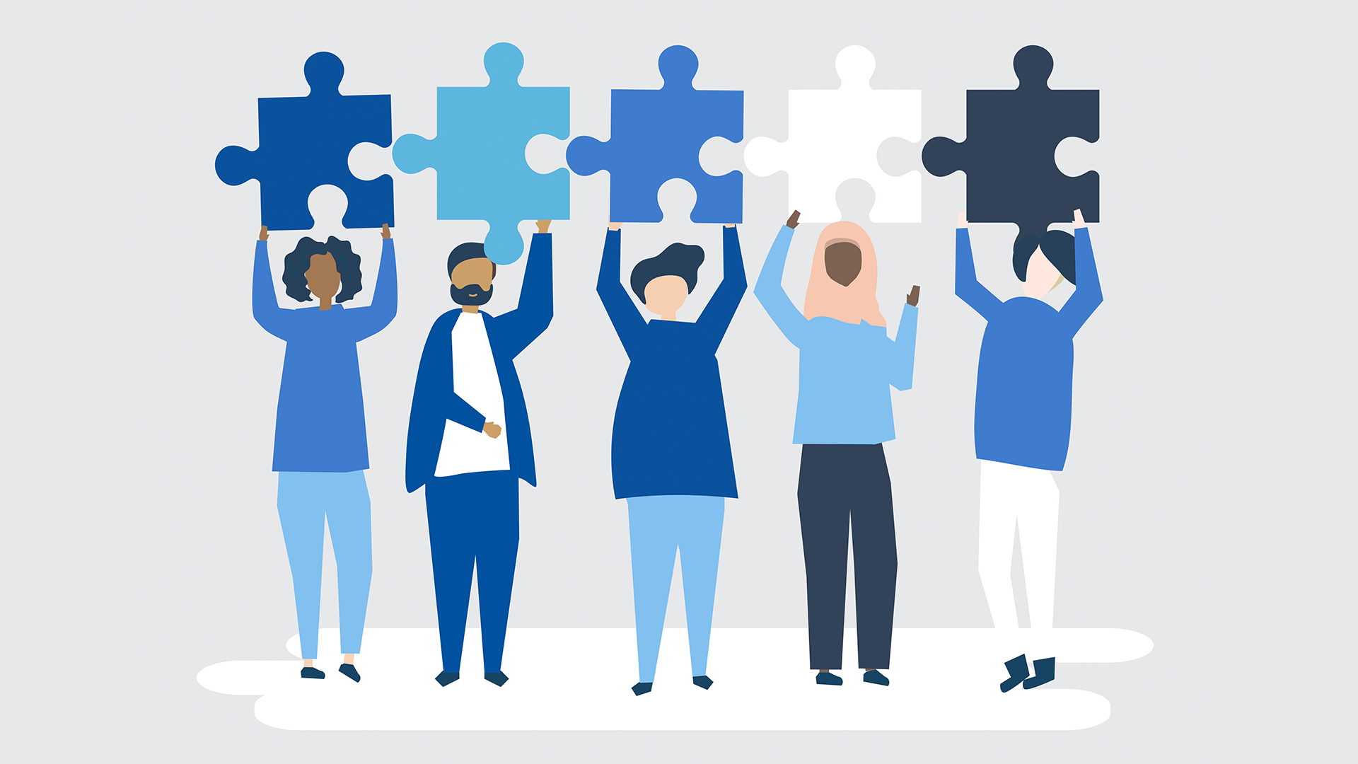 an illustration of people holding up large puzzle pieces