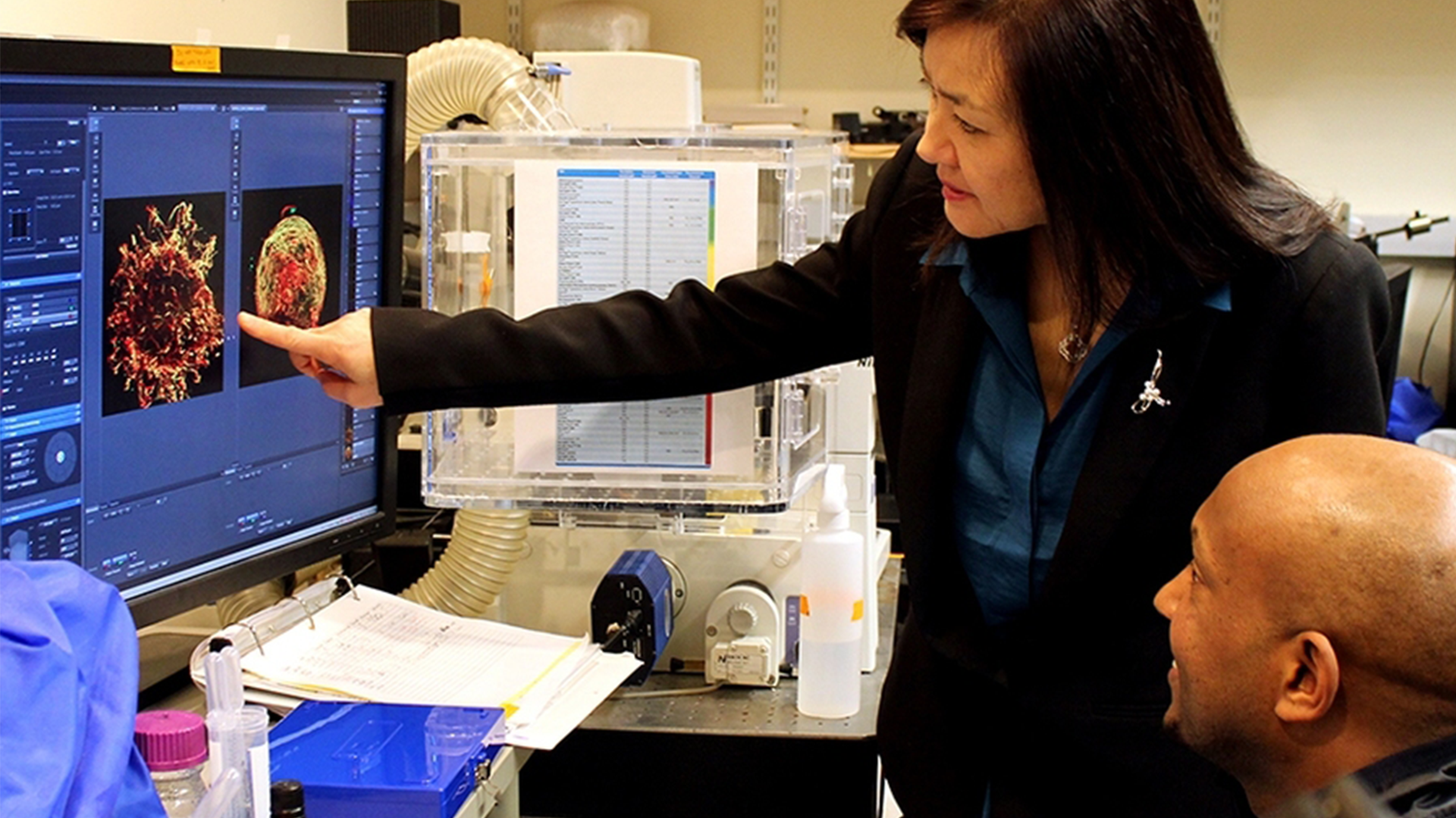 Professor Li-Huei Tsai, standing, points to a computer screen while another researcher looks on