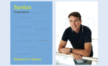 Left: Image of the book cover for "Syntax." Right: Photo of Ted Gibson leaning on a railing.