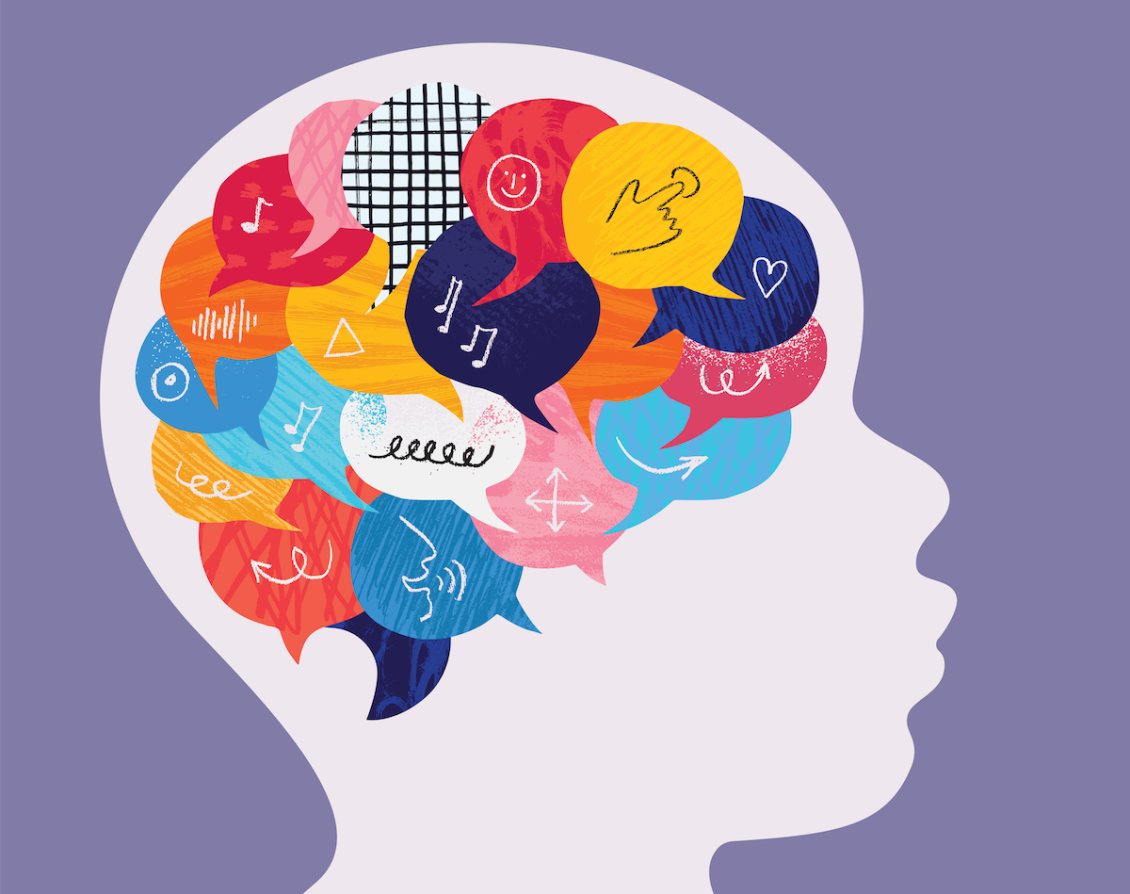 Illustration. Profile of a child's head with colorful thought bubbles and symbols inside